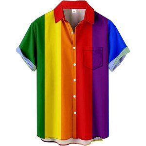 ❤️Men Rainbow Print Short Sleeve  Hawaiian Fit Casual Button Down Beach Shirts